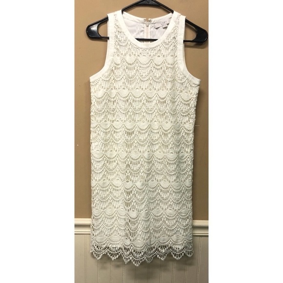 ANN TAYLOR LOFT SIZE 2 OFF-WHITE CROCHET LACE OVERLAY SLEEVELESS DRESS NWT - Picture 1 of 5